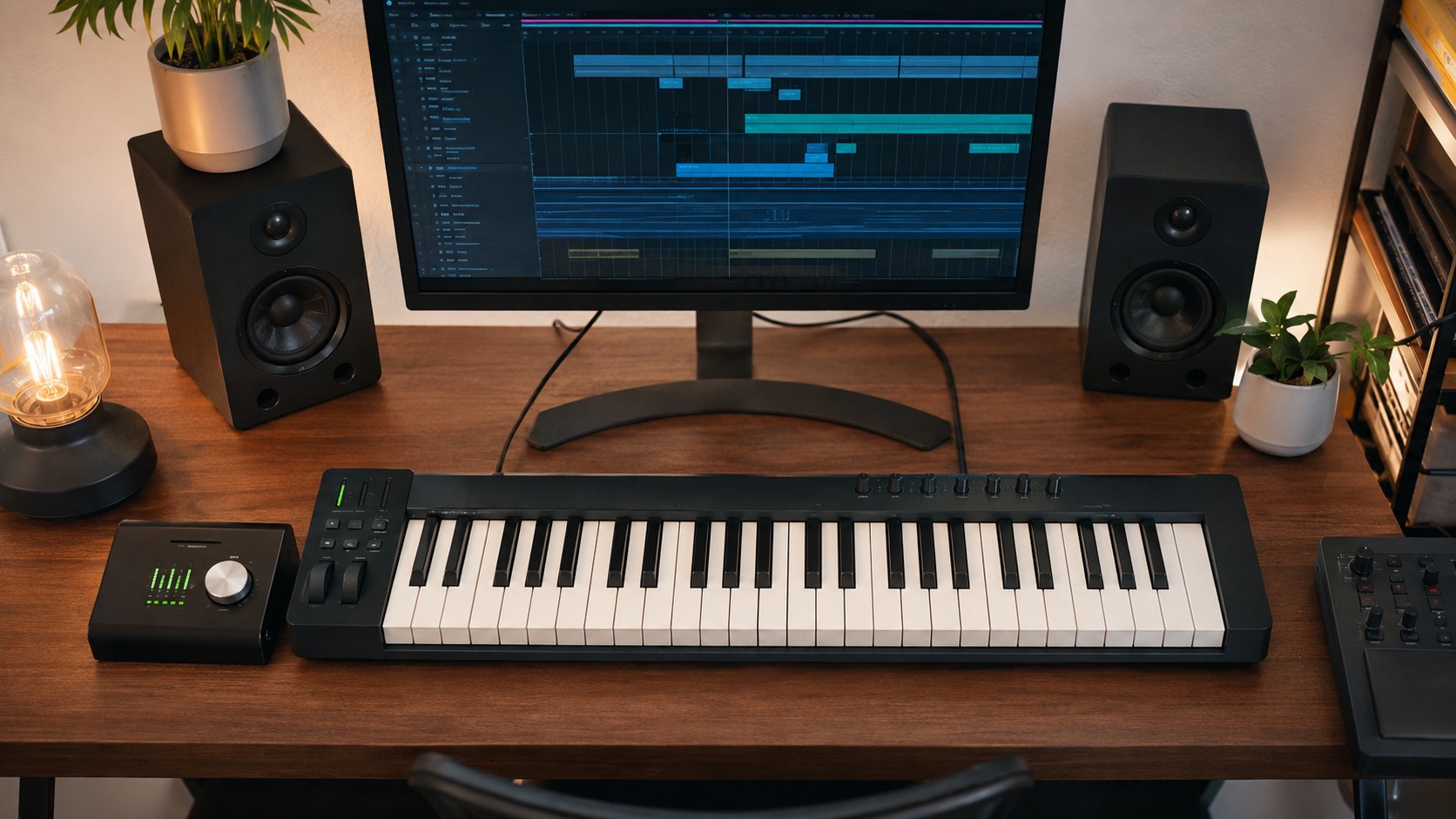 컴퓨터 음악 작업 책상 위의 49건반 MIDI 키보드