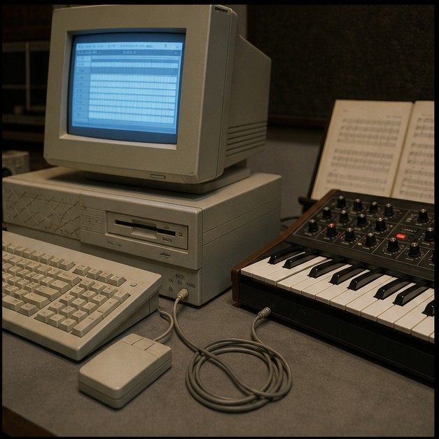 1980년대형 개인용 컴퓨터와 신디사이저가 MIDI로 연결된 스튜디오