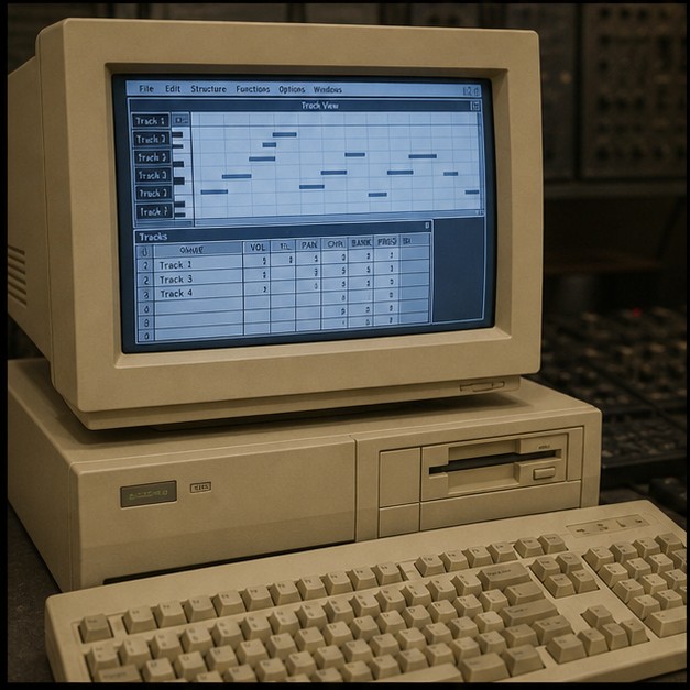 베이지색 PC와 CRT 화면의 초기 MIDI 트랙 시퀀서 환경