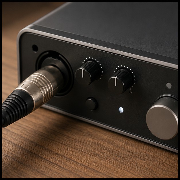XLR 케이블이 오디오 인터페이스 마이크 입력에 연결된 확대 사진