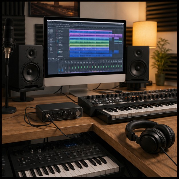 DAW 모니터 MIDI 건반 인터페이스 스피커가 연결된 현대 홈스튜디오