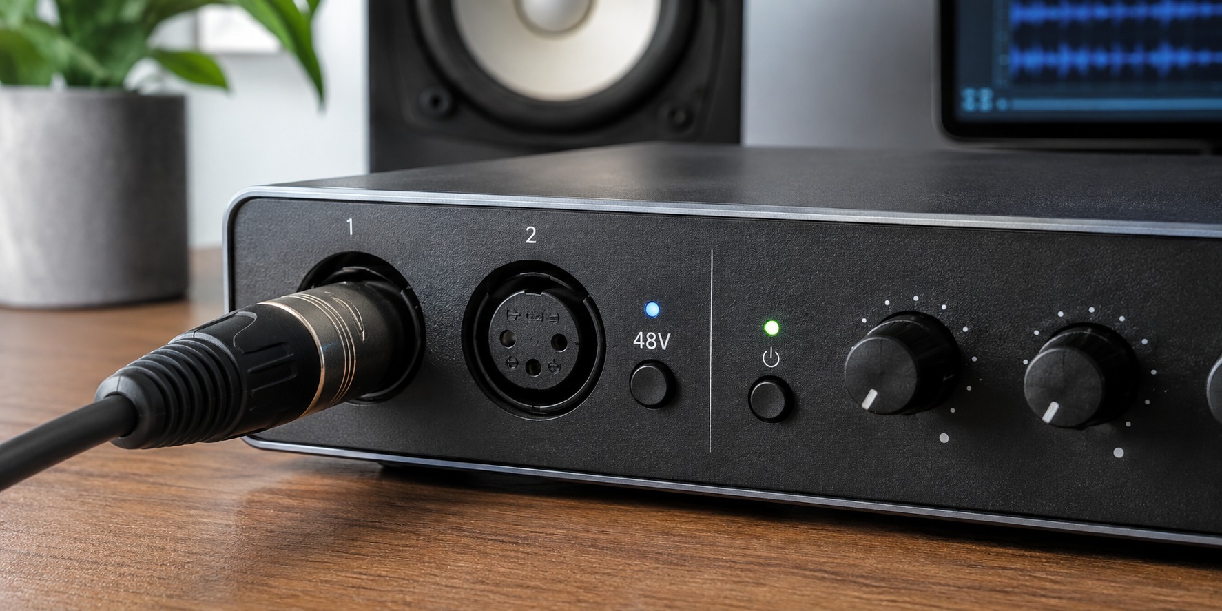 XLR 입력과 48V 팬텀파워 버튼이 보이는 오디오 인터페이스