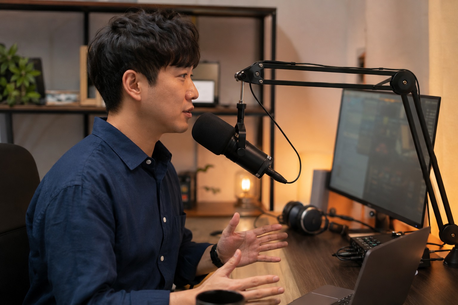 개인방송 진행자가 붐암의 다이내믹 마이크를 입 가까이 두고 말하는 모습