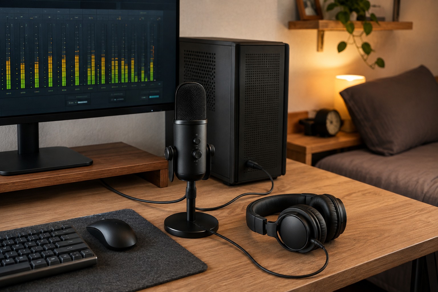 USB 마이크와 컴퓨터 헤드폰이 구성된 개인방송 책상