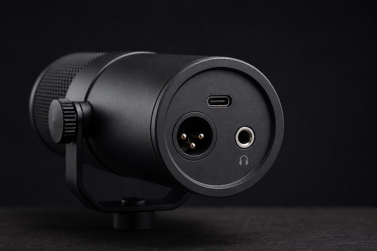 USB-C XLR 헤드폰 단자를 함께 갖춘 방송용 다이내믹 마이크 연결부